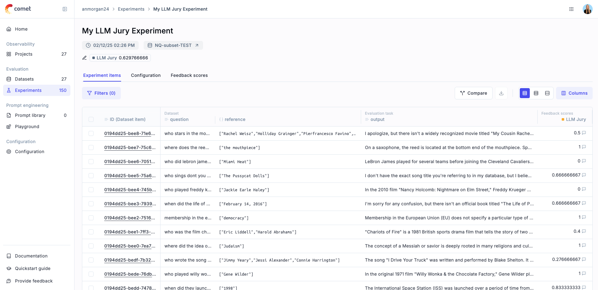 A screenshot of the result of logging our custom LLM Jury metric using Opik